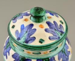 Fedeles tégely, "mel" felirattal, kézzel festett mázas fajansz, kopott, apró hajszál reped...