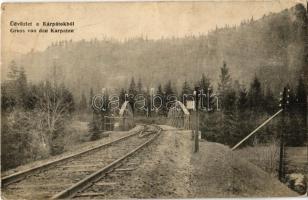 Kárpátalja, Üdvözlet a Kárpátokból! vasúti híd, vasútvonal a Kárpátokban / Gruss von den Karpaten / Zakarpattia Oblast / Transcarpathian railway bridge, railway line + 1915 K.u.K. 19. Eisenbahnkompagnie K.u.K. Feldpostamt 214. (EK)