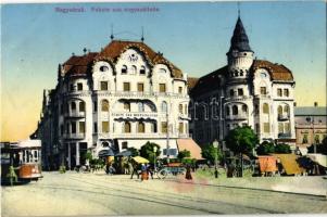 1912 Nagyvárad, Oradea; Fekete Sas Nagyszálloda, villamos, piaci árusok. Kiadja Vidor Manó / hotel, tram, market vendors