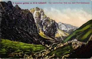 1918 Tátra, Magas Tátra, Vysoké Tatry; A lomnici gernic az Öt tó katlanból / Der Lomnitzer Grat aus dem Fünt-Seekessel / Lomnicky hreben / mountains (EK)