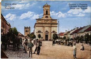 Poprád (Tátra, Magas Tátra, Vysoké Tatry); Hlavna ulica / Fő tér, templom, piaci árusok / Hauptplatz / main square, church, market vendors (r)