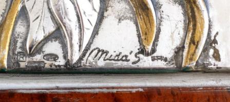 Ezüst (Ag.) lemezes olasz fa dobozka, jelzett, hasított bőr belsővel, javított, 14×11 cm