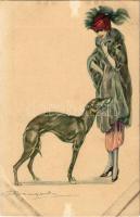2 db régi olasz művészlap Bompard aláírásával, az egyiken hölgy kutyával / 2 pre-1945 Italian art postcards with the signature of Bompard, lady with dog