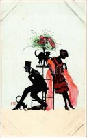 4 db régi árnyképes (sziluettes) művészlap M. G. aláírásával, az egyiken macska / 4 pre-1945 silhouette art postcards with the signature of M. G., one with cat
