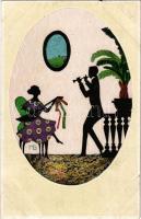 4 db régi árnyképes (sziluettes) művészlap M. G. aláírásával, az egyiken macska / 4 pre-1945 silhoue...