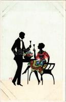 4 db régi árnyképes (sziluettes) művészlap M. G. aláírásával, az egyiken macska / 4 pre-1945 silhoue...