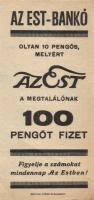 1930-as évek "Est-bankó" számolócédulán lévő hirdetése T:II