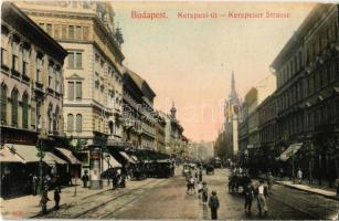 Budapest VII. Kerepesi út (Rákóczi út), Hotel Metropole szálloda, villamos, üzletek, hirdetőoszlop. Taussig A. 6676. (fa)