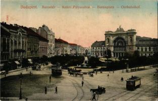 1908 Budapest VII. Baross tér, Keleti pályaudvar, vasútállomás, Baross szobor, villamos, Hotel Arany Sas szálloda. Taussig A. 9242. (Rb)