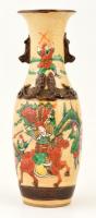 Jelzett kínai díszváza, kézzel festett Szeladon mázas, plasztikus díszítésekkel, kopott, m: 29 cm