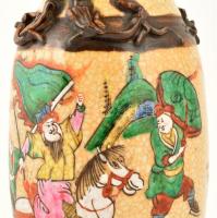 Jelzett kínai díszváza, kézzel festett "Szeladon" mázas, plasztikus díszítésekkel, kopott,...