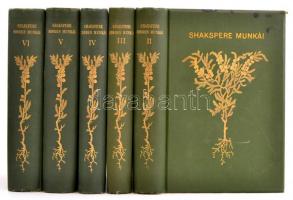 Shakespere minden munkái II-VI. kötet. Bp.,1903, Franklin-Társulat. Kiadói aranyozott egészvászon-kötés, egy kötet borítója foltos, egy másik kötet borítóján kis folttal.