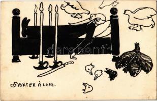 Sakter álom. Kézzel rajzolt zsidó művészlap / Dream of the Mashgiach. Jewish hand-drawn art postcard. Judaica