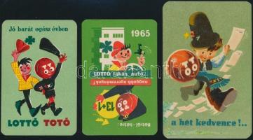 1957-1965 TOTÓ-LOTTÓ kártyanaptárak, 3 db, az egyiken javításnyomokkal.