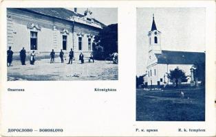 Doroszló, Doroslovo; Községháza, kerékpár, Római katolikus templom / town hall, bicycle, Catholic church (apró szakadás / tiny tear)