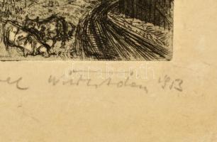 Würtz Ádám (1927-1994): Tamási szőlőhegyek, rézkarc, papír, jelzett, gyűrődésekkel, 23,5×27 cm