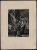 4 db vegyes témájú acélmetszet (Der Waffenschmid, Der Kirchgang, Zwei Eichen, Der Geiger)