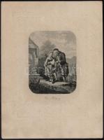 4 db vegyes témájú acélmetszet (Der Waffenschmid, Der Kirchgang, Zwei Eichen, Der Geiger)