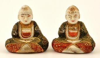 Jelzett japán Buddha figura párban ( 2 db), kézzel festett, kopott, m:6 cm (2×)
