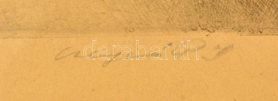 Csergezán Pál (1924-1996): Dunapart, rézkarc, papír, 17×25,5 cm