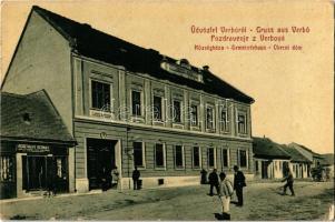 1910 Verbó, Vrbové; Obecni dóm / Gemeindehaus / Községháza, Rosenman Bernát üzlete. W. L. Bp. 5427. (5727?) / town hall, shop (kopott sarok / worn corner)