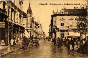 1913 Szeged, Széchenyi tér, Csekonics utca, Párisi Nagyáruház, fogműterem, Eredeti Singer varrógépek üzlete, piac árusokkal