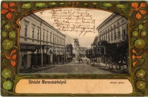 Marosvásárhely, Targu Mures; Bolyai utca, König Károly, Schmidt üzlete. Szecessziós litho keret. Kiadja Holbach Ede / street view with shops. Art Nouveau litho frame (EK)