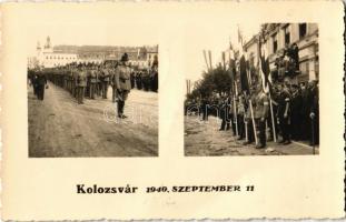 1940 Kolozsvár, Cluj; bevonulás, csendőrök és cserkészek magyar zászlókkal / entry of the Hungarian troops, gendarmes and scouts with Hungarian flags. photo + 1940 Kolozsvár visszatért So. Stpl.