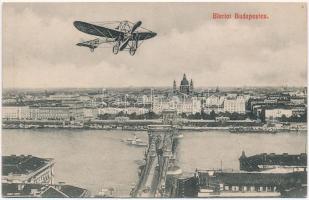 Budapest, Bleriot repülőgépe a Lánchíd felett. Hátoldalon Wágner "Hangszerkirály" reklámja (ázott / wet damage)