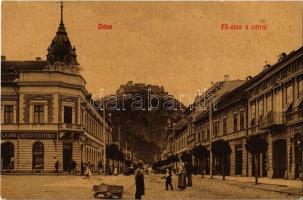 Déva, Fő utca, vár, Hirsch Testvérek és Mallász üzlete, gyógyszertár. W.L. (?) 499. Kroll Gyula kiadása / main street, castle, shops, pharmacy (EK)