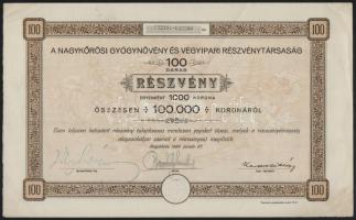 Nagykőrös 1924. A Nagykőrösi Gyógynövény és Vegyipari Részvénytársaság száz részvénye egyben, összesen 100.000K-ról, szelvényekkel, szárazpecséttel T:II