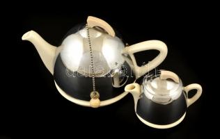 Angol jelzett (Celtic Beehive) teás kanna és kiöntő, ezüstözött alpakka rátéttel, m: 10 és 15 cm