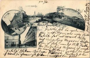 1900 Temesvár, Timisoara; Gyárváros, Kossuth tér, Kerékpár versenypálya, Lonovics utca, üzlet. Kossak József udvari fényképész kiadása / Fabrica, square, street, shop, bicycle racing track (vágott / cut)