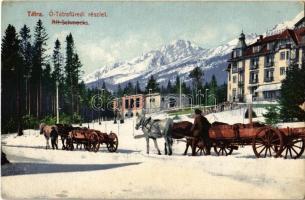 1908 Tátrafüred, Ótátrafüred, Altschmecks, Stary Smokovec; Nagyszálló télen, lovasszekerek / hotel in winter, horse carts