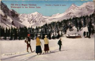 Tátra, Vysoké Tatry; Téli élet a Magas Tátrában, síelők (skíezők) a Poprádi tó jegén. Dr. Guhr Mihály felvétele / winter sport, skiing on the frozen Popradske pleso lake (EK)