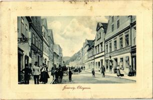 Javorník, Jauernig; Obergasse, Gustav Hanke Specerei-Colonial & Farbwaren, Fleischerei / street, shop, butchery. W.L. Bp. 3332.