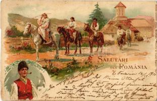 1901 Salutari din Romania. Librariei Storck 951. / Greetings from Romania! folklore litho art postcard (cut)