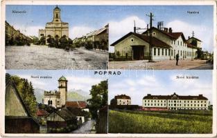 Poprád (Tátra, Magas Tátra, Vysoké Tatry); Námestie, Stanica, Stará zvonica, Nové kasárne / Fő tér, templom, Vasútállomás, villamos, régi harangtorony, új laktanya / main square, church, railway station, tram, old belfry, new military barracks (EK)