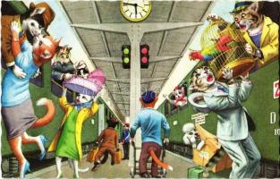 Cats at the railway station, trains. Alfred Mainzer ALMA 4945. - modern postcard