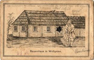 1917 Bauernhaus in Wolhynien / Volhynian Jewish man with house, Judaica. Feldpostkarte (kopott sarkak / worn corners)
