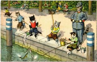 Fishing cats and policeman cat. Max Künzli MKZ No. 4742. - modern postcard (EK)