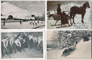 6 db RÉGI téli sport motívumlap: jéghoki, szánkó / 6 pre-1945 winter sport motive postcards: ice hokey and sledding