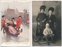 6 db RÉGI téli sport motívumlap: jéghoki, szánkó / 6 pre-1945 winter sport motive postcards: ice hok...