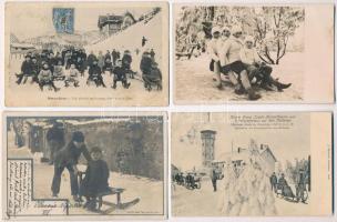 6 db RÉGI téli sport motívumlap: szánkózás / 6 pre-1945 winter sport motive postcards: sledding