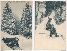 6 db RÉGI téli sport motívumlap: szánkózás / 6 pre-1945 winter sport motive postcards: sledding