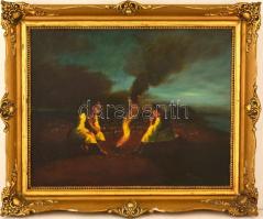 Olvashatatlan jelzéssel:  Pipagyújtás a tábortűznél. Olaj, fatábla, hibás keretben, 40×50 cm