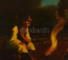 Olvashatatlan jelzéssel:  Pipagyújtás a tábortűznél. Olaj, fatábla, hibás keretben, 40×50 cm