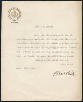 1921 Bp., M. kir. népjóléti és munkaügyi miniszter, Bernolák Nándor (1880-1951) aláírása fejléces levélen