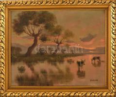 Jakab Károly (1904-1994): Ártéri tehenek alkonyatkor. Olaj, vászon, jelzett,  blondel keretben, 40×5...