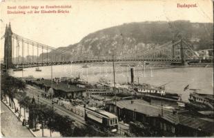 1907 Budapest V. Szent Gellért hegy az Erzsébet híddal, előtérben villamos, rakpart, gőzhajók (kis szakadás / small tear)